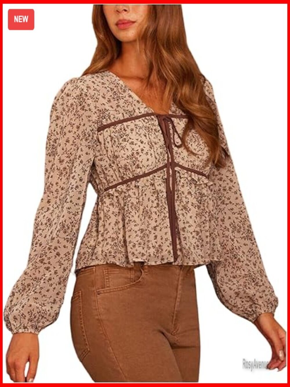 Floral Peplum Top V-Neck Tie Front Long Lantern Sleeve Ruffle Blouse